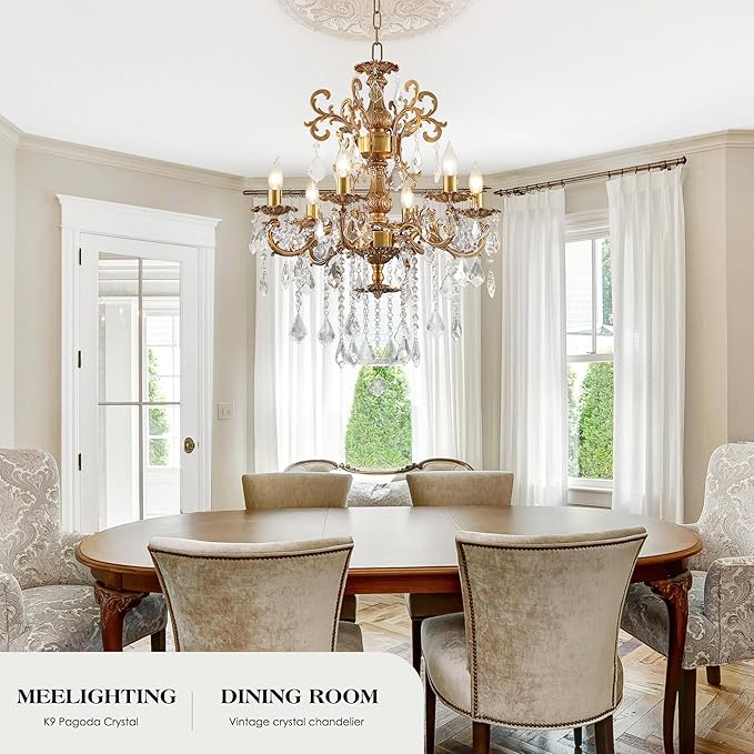 Luxury Antique Bronze Crystal Chandeliers with Candle Pendant Ceiling Light Fixture - 6 Lights Gold Crystal Chandelier for Dining Room, Living Room, Kitchen, Bedroom - D23 inch