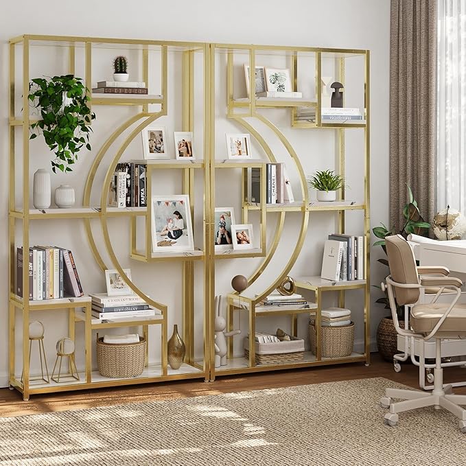 Modern Book Shelf, White and Gold Bookshelf, 70.8 Inch Tall Etagere Bookcase, Set of 2 Geometric Display Shelves for Living Room, Bookcases/Bookshelf with Metal Frame for Home Office