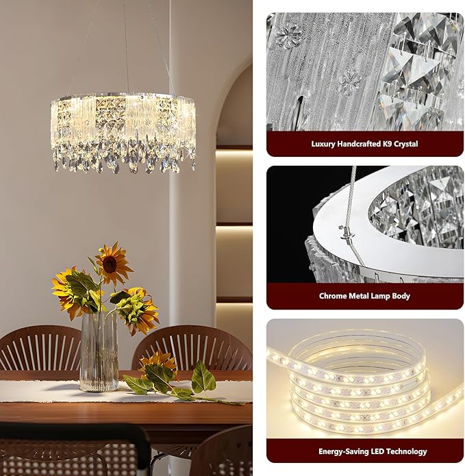 Modern Crystal Chandelier with Glass Panels, Dimmable LED Ceiling Light with Remote Control,Modern 20'' Round Chandeliers Lights Fixtures for Living Room, Dining Room, Bedroom