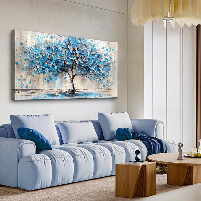 Lapremoly Textured Abstract Wall Pictures Artwork Wall Decor For Living Room Framed Canvas Wall Art For Bedroom Office Decor Blue Tree Paintings Panoramic Landscape Prints Home Decor Ready to Hang