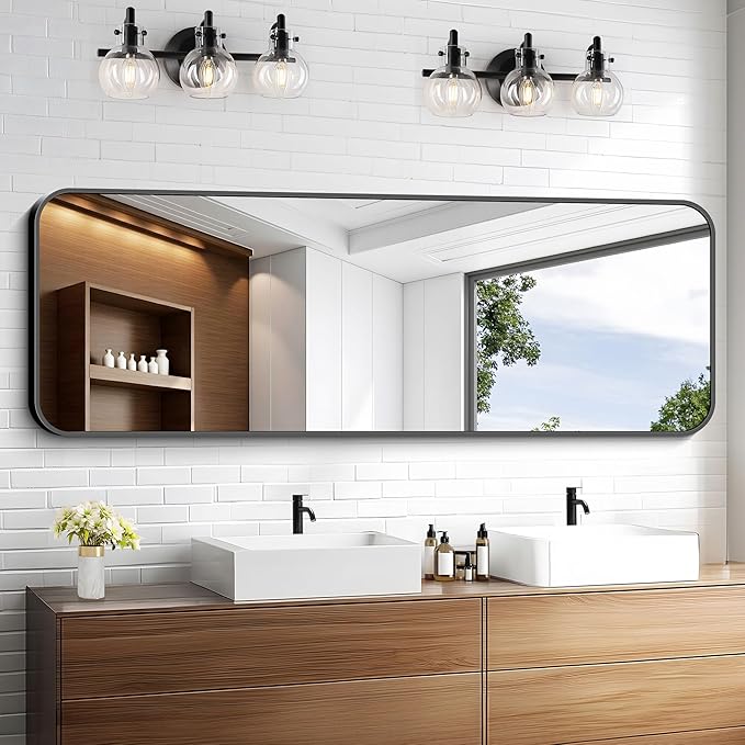 KOCUUY Black Bathroom Mirror 60"x20", Large Vanity Mirror with Rounded Corner, Metal Black Frame with Mordern Design for Bathroom, Living Room, Entryway, Hang Horizontal/Vertical