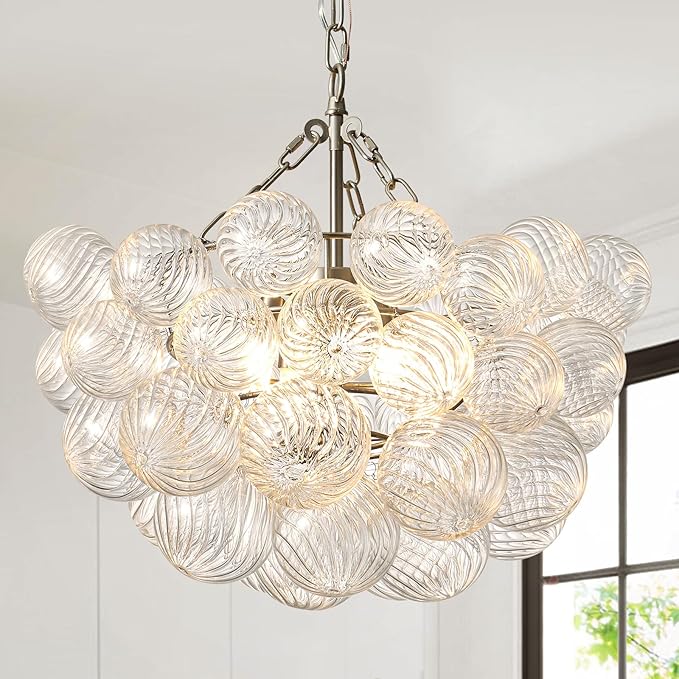 Nordic Bubble Ball Swirled Modern Chandelier,Dia 20 Inch Bubble Lighting, Nickel and Clear Glass Lighting with Chandelier Light,for Bedroom Study Restaurant