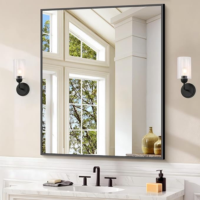 Black Bathroom Mirror for Wall, 30x36 Inch Rectangle With Metal Frame, Modern Vanity for Bathroom Living Room, Entryway Hangs Horizontal or Vertical