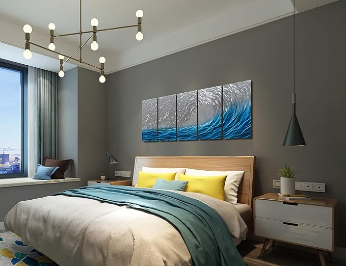 BATRENDY ARTS Handmade Silver and Blue Waves Metal Wall Art 3D Decorative Hanging Artwork Large Home Decor in Ocean Design for Office Living Room Decoration