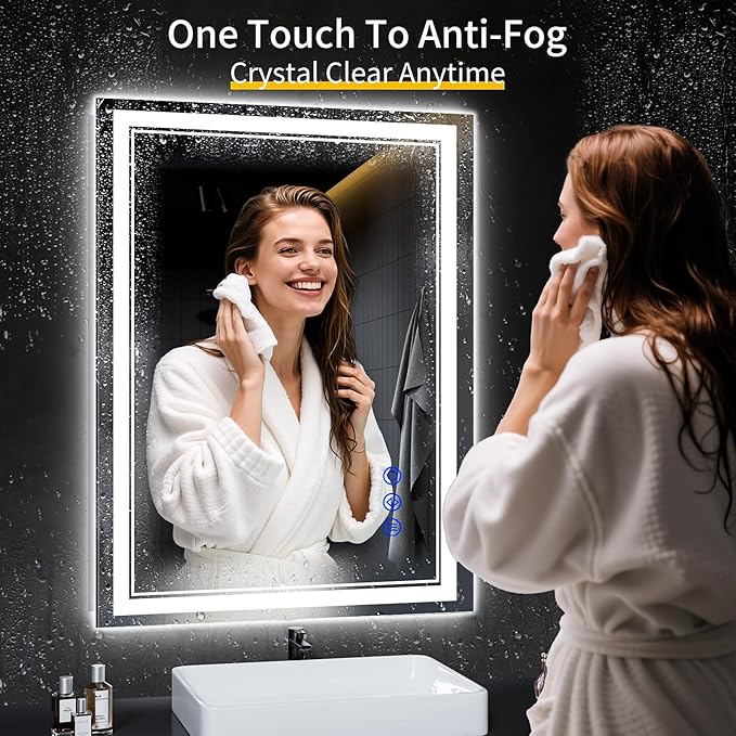 40"x30" LED Bathroom Mirror with Anti-Fog, Stepless Dimmable Lights, 3 Color Modes, Shatter-Proof Tempered Glass, Memory Function & Waterproof Design