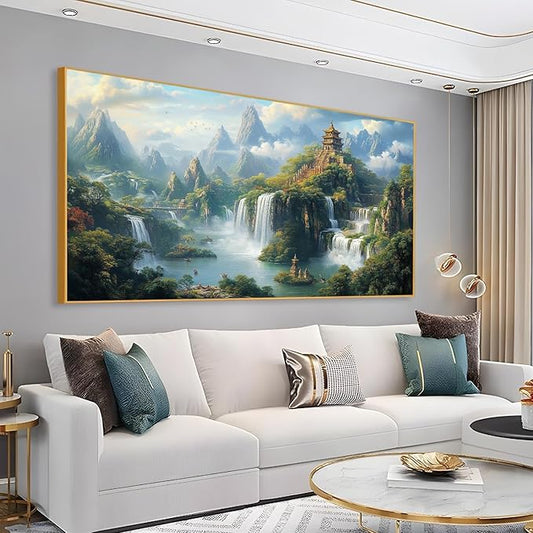 Cadeali Fantasy Waterfall Canvas Art, Japanese Temple Landscape, Buddhist Architecture, Living Room Wall Decor (Gold Framed, 47"x23")