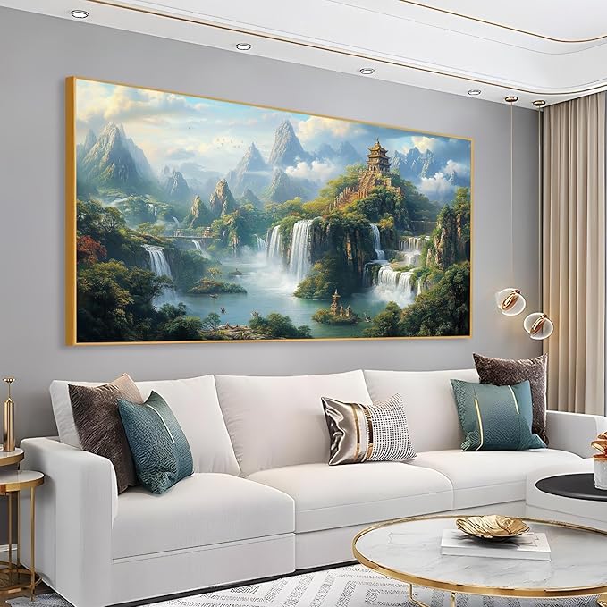 Cadeali Fantasy Waterfall Canvas Wall Art, Japanese Temple Art, Buddhist Architecture, Mountain Landscape, Asian Mythology, Living Room Wall Decor (Black Framed, 39"x19")