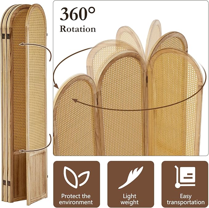 6 Panel Rattan Room Divier, Room Divider Panel and Folding Privacy Screens, Room Divider Wall, Solid Wood Frame, Partition Room Dividers, Bedroom, Lounge, Light Brown