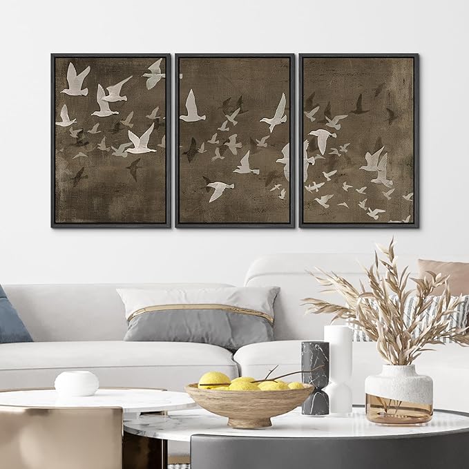 MUDECOR Framed Wall Art Print Set Flock of Abstract Birds in Flight Earthy Tones Illustrations Modern Art Boho Decorative Colorful Chic for Living Room, Bedroom, Office - 16"x24"x3 Black