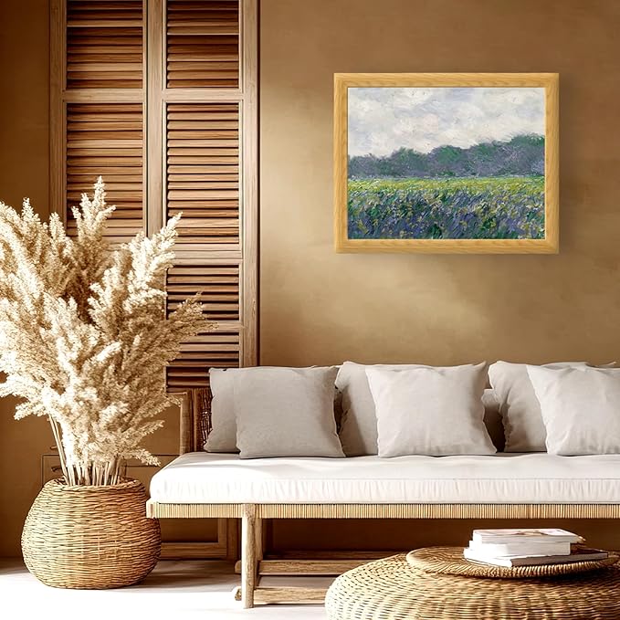 Brivoria Framed Canvas Wall Art Vintage Decor, Impressionist Landscape with Yellow Irises Purple Flowers and Bold Brushwork for Living Room Statement Wall or Botanical Gallery Display, 16"x20"