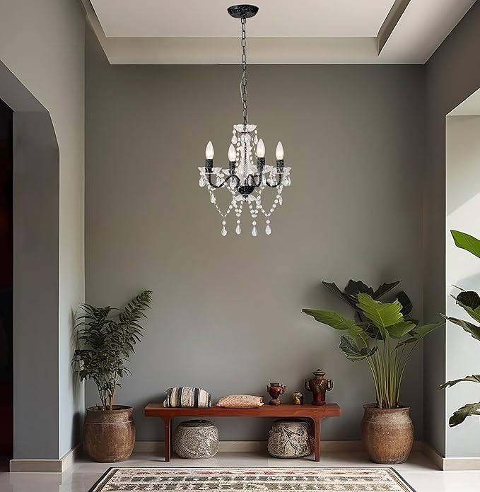 LaLuLa White and Black Chandelier Small Acrylic Crystals Chandeliers Modern 4 Light Pendat Lighting for Kitchen and Dining Room