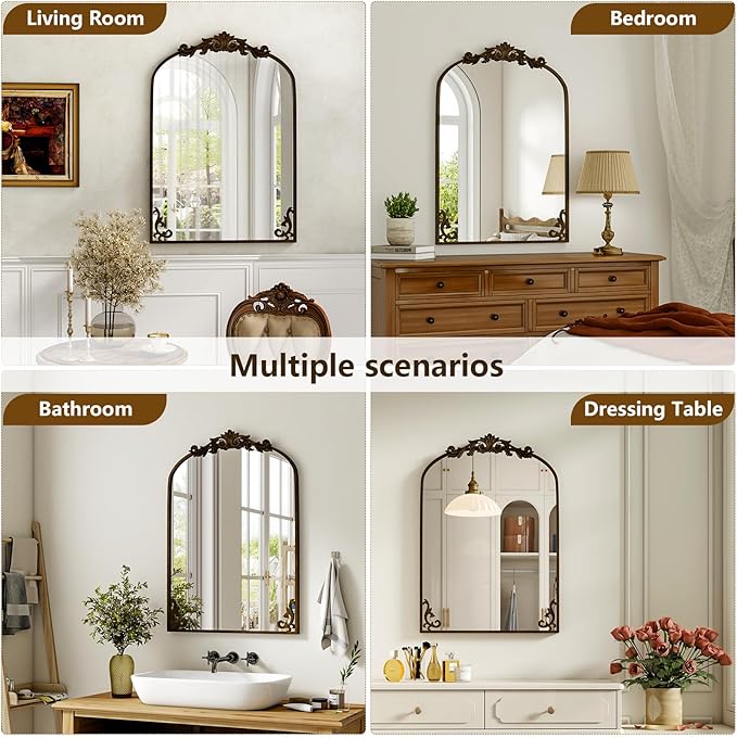 36"x 24" Arched Bathroom Mirror, Wall-Mounted Mirror with Carved Metal Frame & Bottom Art Carved, Vanity Mirror for Home Decor, Hanging Wall Mirror with Baroque Ornate Carved Accents, Vintage Bronze