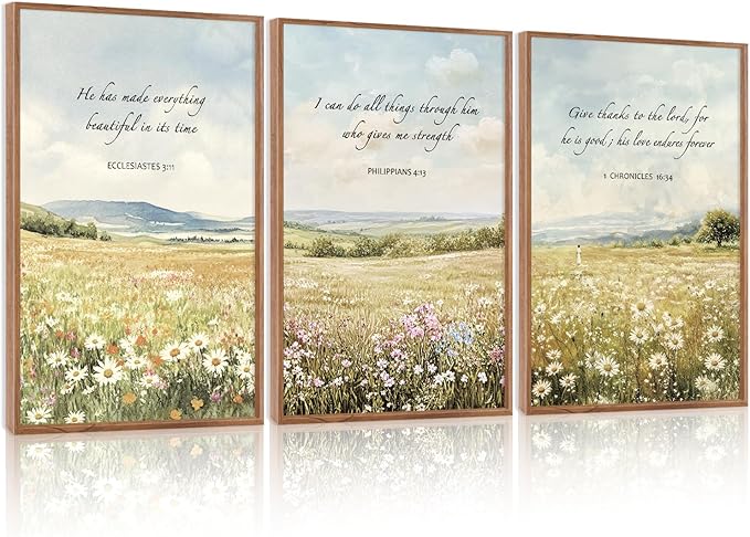 LHIUEM Christian Flowers Framed Canvas Wall Art,Vintage Bible Verse Wall Decor,Religious Jesus Prints,Natural Scripture Artwork for Living Room,Bedroom,Dining Room -16"x24"x3