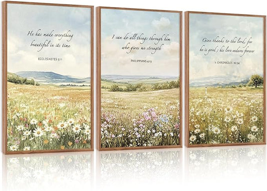 LHIUEM Christian Flowers Framed Canvas Wall Art,Vintage Bible Verse Wall Decor,Religious Jesus Prints,Natural Scripture Artwork for Living Room,Bedroom,Dining Room -16"x24"x3