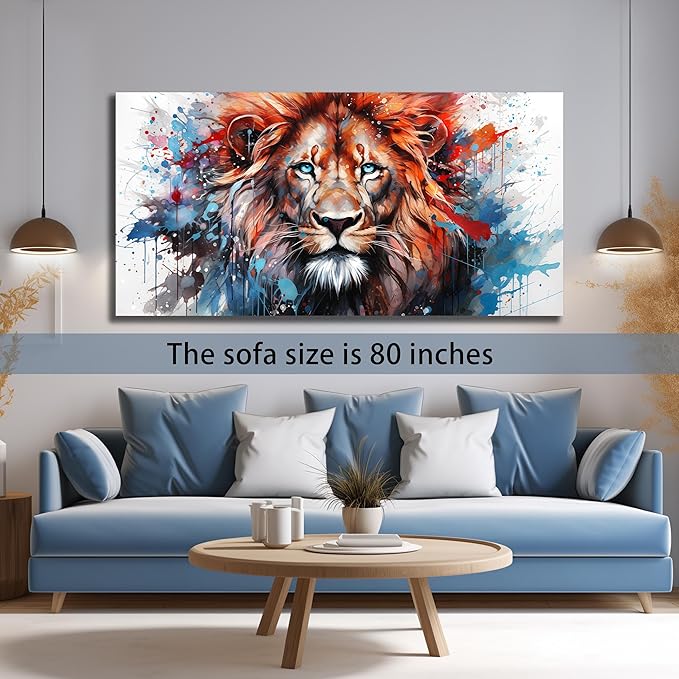 Lion Picture Wall Art For Bedroom Modern Large Wall Decor For Living Room Brown and Blue Canvas Wall Art For Office Size 36 x 72 Inch