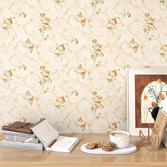 17.5"x315" French Country Wallpaper Beige Vintage Floral Peel and Stick Wallpaper for Accent Walls Yellow Wild Flowers Rustic Boho Contact Paper Floral Removable Contact Paper Wall Decorative