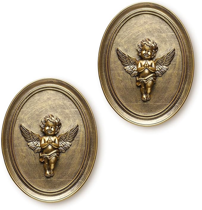 Newinhome Vintage Cherub Wall Sculptures Set of 2 Antique Wall Decor Oval Aesthetic Room Decor Vintage Decoration for Living Room Hallway and Bedroom (Gold Cherubs)