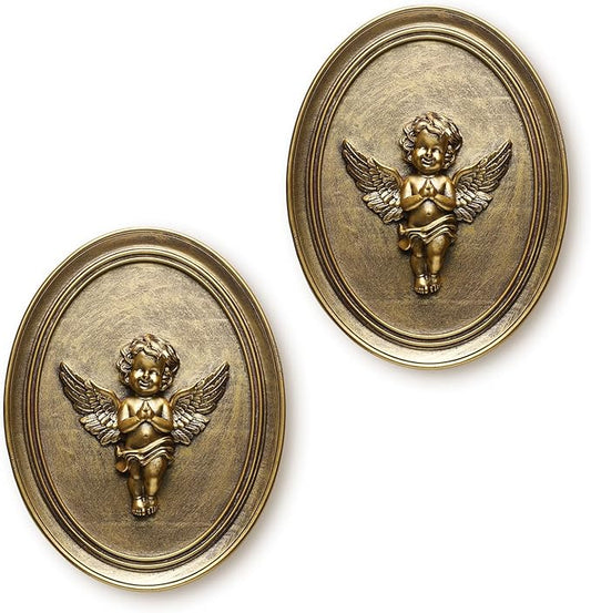 Newinhome Vintage Cherub Wall Sculptures Set of 2 Antique Wall Decor Oval Aesthetic Room Decor Vintage Decoration for Living Room Hallway and Bedroom (Gold Cherubs)