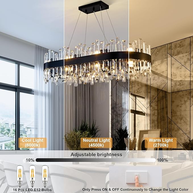 Chandelier for Dining Room, L35.4 Black Rectangle Crystal Chandelier Over Table, Modern 16-Light Large Crystal Chandeliers Ceiling Light, Pendant Light Fixture for Kitchen Island Living Room