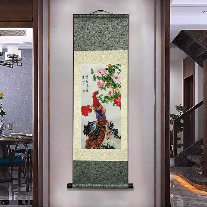 AtfArt Asian Wall Decor Beautiful Silk Scroll Painting Birds - Phoenix - Luan Xiang Feng Zhu Oriental Decor Chinese Art Wall Scroll Wall Hanging Painting Scroll (36.2 x 12 in)