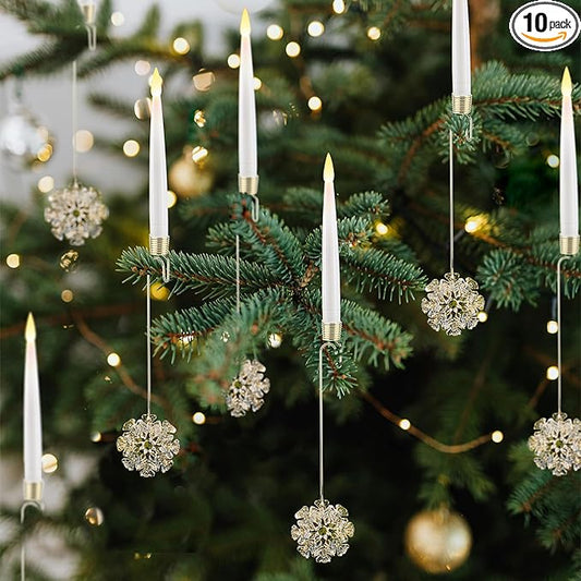 Christmas Tree Candles, 10 Pack Flameless Taper Candles for Christmas Tree, LED Battery Operated Fake Candle with Remote for Xmas Wedding Decor with Crystal Snowflake Hook