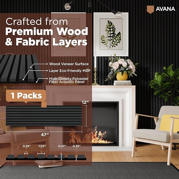 Avana Modern Acoustic Wood Wall Panels – 47.2 x 12.6 Inch Black Oak Acoustic Panels 1 PC – Wall Panels for Interior Wall Decor For Homes, Offices, Studios – Sturdy And Durable Wood Panels For Wall