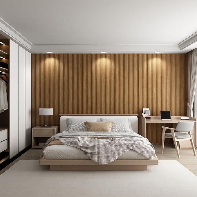 8-Pack WPC Wall Panels 118’’ x 6.3’’ 3D Slat Wall Panel Acoustic Wall Paneling for Interior Wall Decor TV Background Kitchen Bedroom Oak