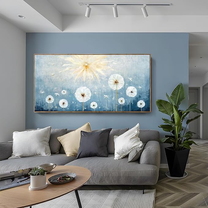 Nicetop Extra Large Framed Artwork for Walls– Giant Blue Floral Wall Picture with Wood Frame Dandelion Flower Plant Canvas Print Landscape Wall Art for Big Living Room,Office or Bedroom, 58x29Inch