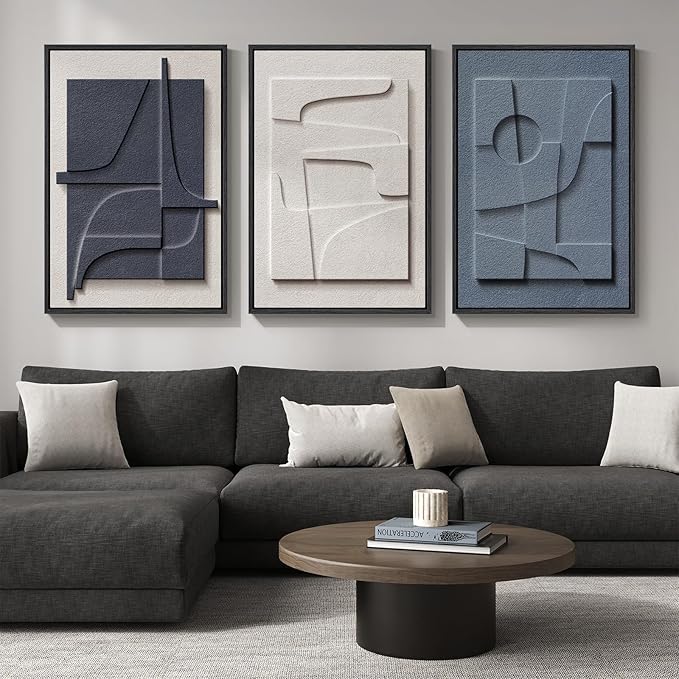 Large 3D Textured Framed Blue and White Abstract Wall Art for Living Room, 3 Piece Modern Artwork for Walls, Minimalist Navy Blue Geometric Paintings for Hallway, Stair, Office Wall Decor 24x36 In