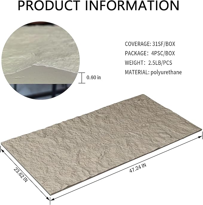4PCS PU Wall Panels Stone Texture for Interior Wall Decor|3D Wall Panels with Grey Stone Texture|47.24"*23.62" (Grey)