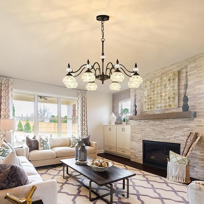 30-Inch Vintage Black Crystal Chandelier for Dining Room, 8-Light Antique Victorian Chandelier Modern Farmhouse Hanging Light Fixtures for Kitchen Island Living Room Bedroom