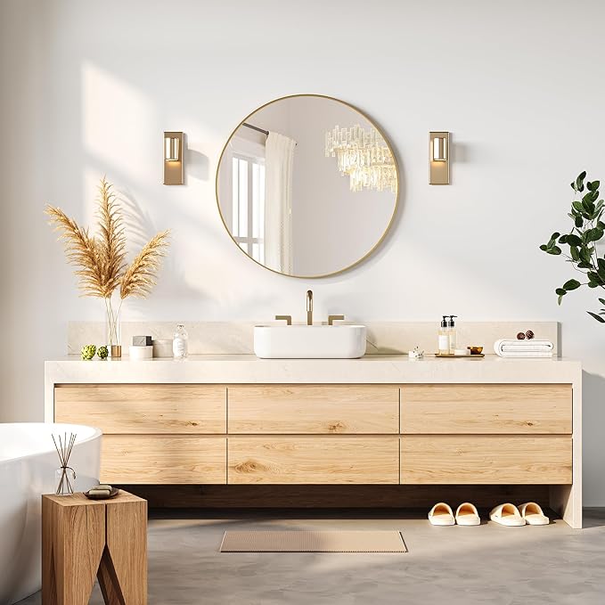 30" Gold Round Mirror for Wall, Large Circle Bathroom Mirror for Over Sink, Matte Gold Metal Frame, HD Eco-Friendly Glass, Contemporary Vanity Entryway Hallway Living Room Home Decor, Easy to Hang