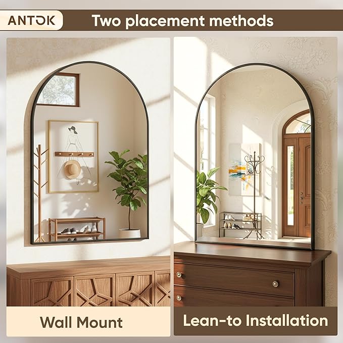 Antok Wall Mirror, 20"x30" Bathroom Vanity Mirror, Anti-Rust HD Tempered Glass, Wall Mounted Mirrors for Living Room, Entryway, Black Frame, Arched