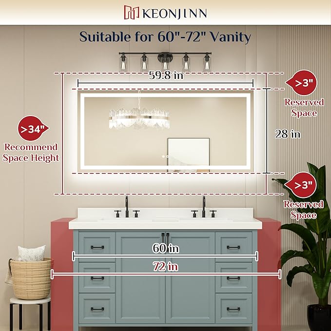 Keonjinn LED Bathroom Mirror 60" x 28" with Frontlit & Backlit, Lighted Mirror for Bathroom Wall with Stepless 3-Color Lights, Large Anti-Fog Mirror, HD Tempered Glass, UL-Listed LED Driver