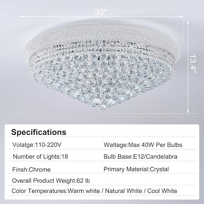 18-Light 32 inch Large Crystal Chandelier Flush Mount Ceiling Light Fixture for Living Room Dining Room Bedroom Foyer Entryway Chrome Finish