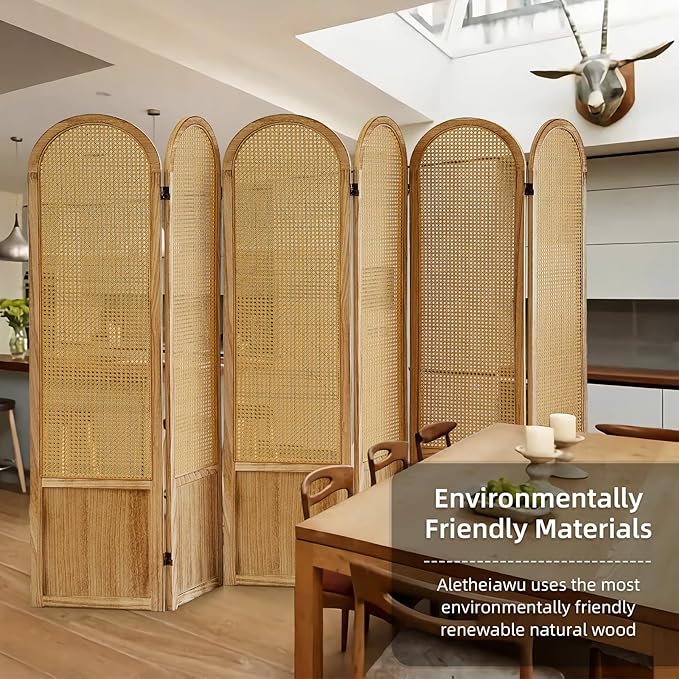 6 Panel Room Divider and Folding Privacy Screen, 5.6 Ft Foldable Double Hinged Rattan Partition, Hand-Woven Rattan Room Divider Portable Wood Freestanding Wall Divider for Room Separation - Natural