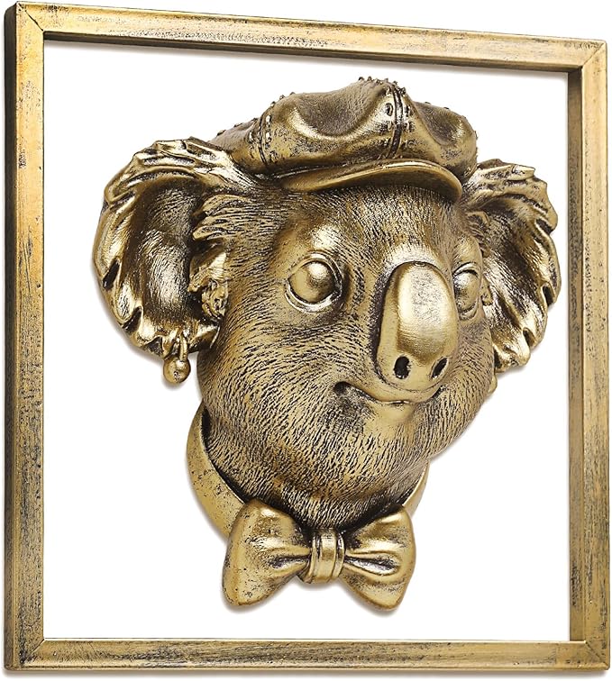 Animal Heads Wall Decor (Includes Metal Frame) Resin Animals Sculptures Head Wall Hanging Decoration Gold vintage Wall Sculpture for Living Room Bedroom Office(Koala)