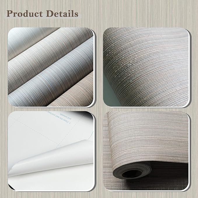 20.8" x 196.8" Peel and Stick Wallpaper Grasscloth, Thick Brown Textured Wall Paper Neutral Waterproof Self Adhesive Removable Wallpaper Mural for Home Decor Bedroom Kitchen Cabinet