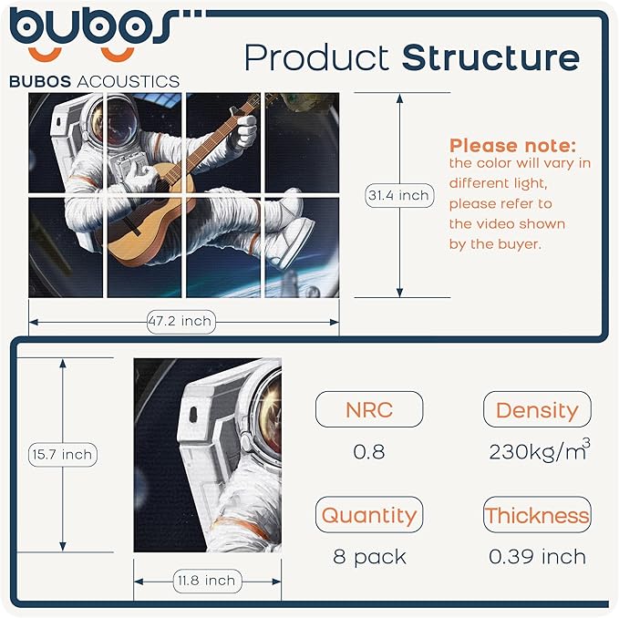 BUBOS 8 Pack Art Acoustic Panels Soundproof Wall Panel,47.2X31.4 Inches Sound Absorbing Panel,Self-Adhesive Decorative Acoustical Wall Panels, Acoustic Treatment for Ceiling Home Office（Space Guitar）