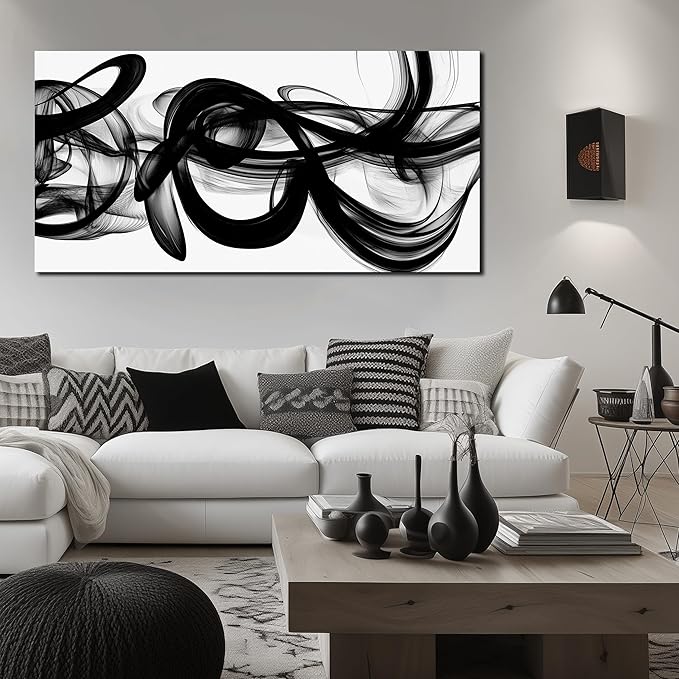 Abstract Canvas Wall Art for Living Large Size,Black and White Pictures for Wall.Black Home Office Wall Decor Ready to Hang 29 x 58 Inch
