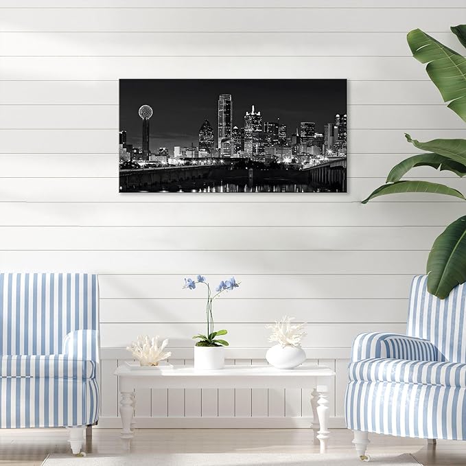 NAN Wind 1 Pcs Dallas Skyline Canvas Wall Art Black White Cityscape Night Scene Modern City Giclee Prints on Canvas Framed Urban Home Decor Skyscrapers Picture Painting for Room Decor