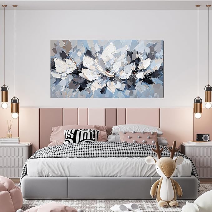 Canvas Wall Art Decor Modern White Wall Art for Living Room Abstract Canvas Art Wall Decor Flower Pictures Abstract Blue Wall Art Prints Artwork for Walls Bedroom Office Home Decor 20" X 40"