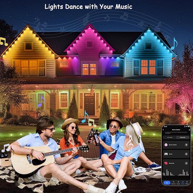 Outdoor Christmas Lights - 50ft Smart RGB+IC Color Eaves Lights with 63 Scene, IP67 Waterproof, Alexa & Google Assistant Voice Control