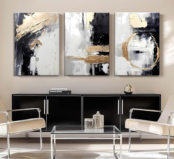 3pcs Framed Black White Gold Canvas Wall Art Abstract Geometric Textured Posters Prints Pictures Paintings with Faux Stucco Finish Modern Beige Minimalist Wall Decor for Living Room Bedroom Bathroom