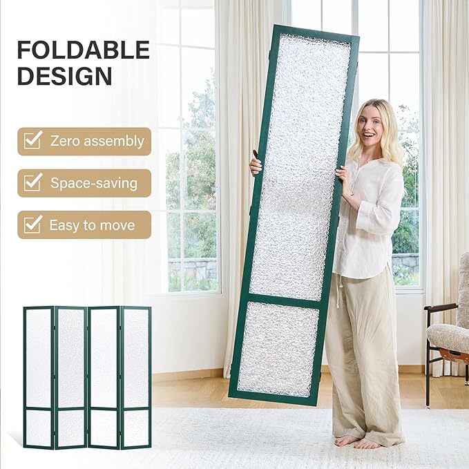 4 Panel Acrylic Room Divider Privacy Screen - Freestanding Frosted Translucent Partition, Lightweight Modern for Home Office Studio (Green, 4 Panels)