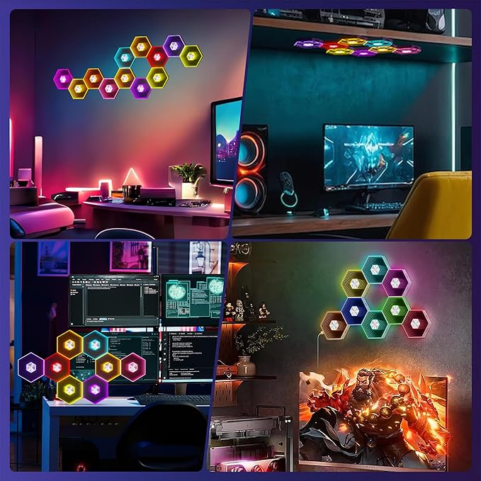 6 Pack Hexagon Lights Wall Panels - RGB Wall Decor Gaming Lights with Smart APP Music Sync, DIY Modular Assembled Hex Led Lights Panel for Bedroom, Game Room
