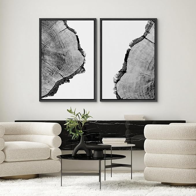 SIGNWIN Framed Wall Art Print Set Black & White Close Up Tree Ring Details Nature Wilderness Photography Modern Art Rustic Relax/Calm Multicolor for Living Room, Bedroom, Office - 16"x24"x2 Black