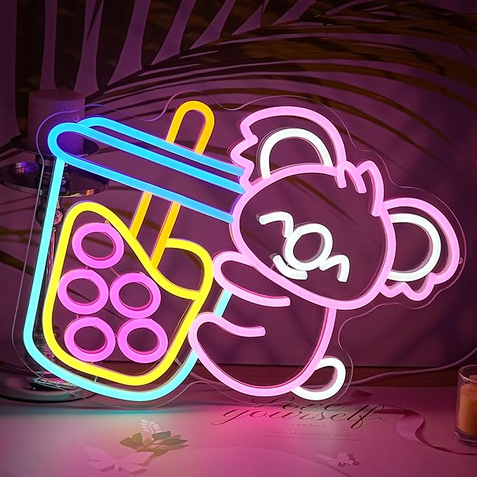 LISIGNVE Koala Bubble Tea Neon Sign for Wall Decor Cute Bear Led Signs Animal Koala Neon Light Boba Milk Tea Light Up Sign for Bubble Store Coffee Bar Dessert Shop Kids Room(16.5”*12.6”)