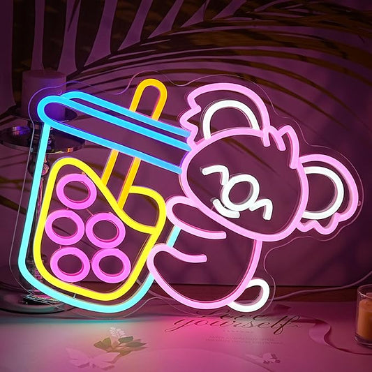LISIGNVE Koala Bubble Tea Neon Sign for Wall Decor Cute Bear Led Signs Animal Koala Neon Light Boba Milk Tea Light Up Sign for Bubble Store Coffee Bar Dessert Shop Kids Room(16.5”*12.6”)