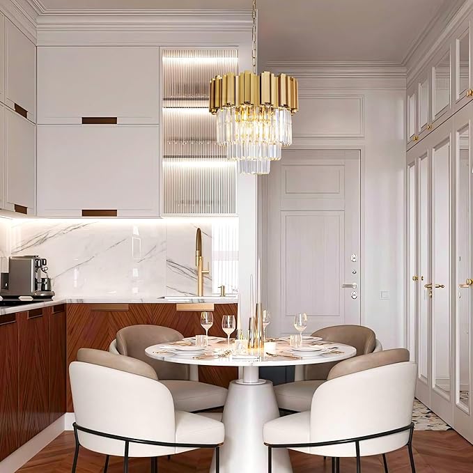 3-Tier 15.8" Modern Gold Crystal Chandelier, 5-Light Round K9 Crystal Pendant Light Fixture for Dinning Room, Kitchen Island, Bedroom, Living Room, Foyer, Entryway